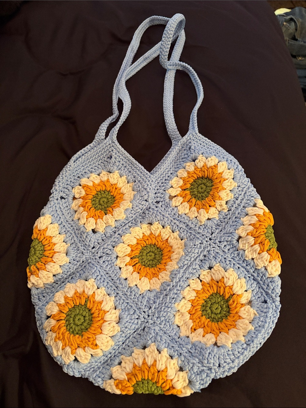 Handmade Crochet Sunflower Tote Bag in Light Blue and Yellow